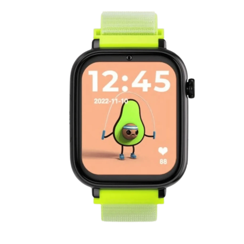 SaveFamily SaveWatch Plus Negro con correa de tela amarillo fluorescente, pantalla táctil cuadrada, botón SOS lateral rojo y esfera infantil con aguacate - Ítem4
