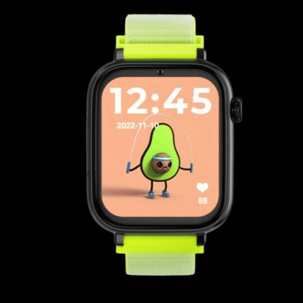 SaveFamily SaveWatch Plus Preto com pulseira de tecido amarelo fluorescente, tela retangular colorida, botão SOS lateral e suporte a videochamada