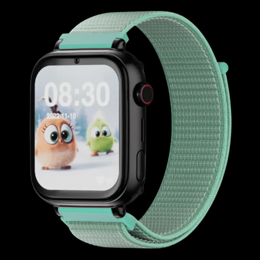 SaveFamily SaveWatch Plus Preto com pulseira Tecido Ocean verde, caixa quadrada, tela colorida com personagens, botão SOS lateral e câmera para videochamada