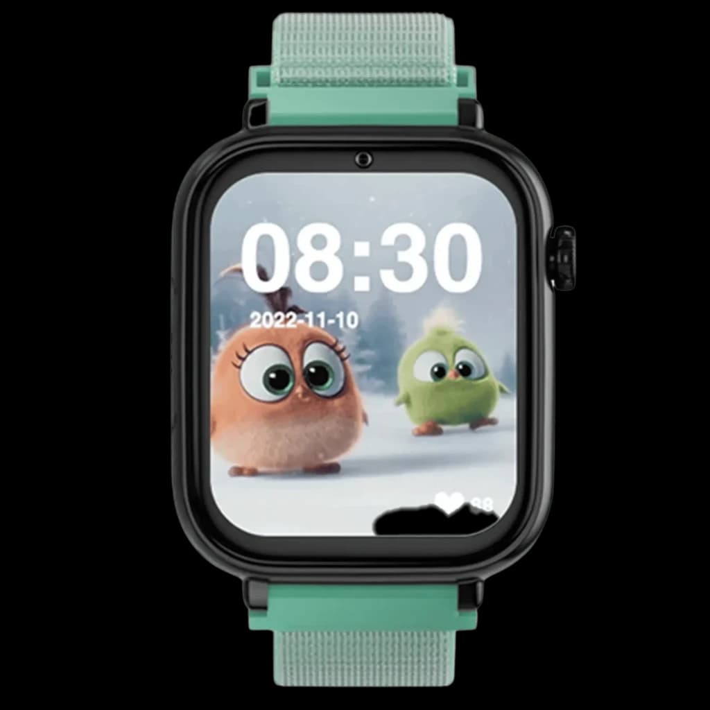 SaveFamily SaveWatch Plus Preto com pulseira Tecido Ocean verde, tela retangular com mostrador infantil, botão lateral SOS e moldura robusta