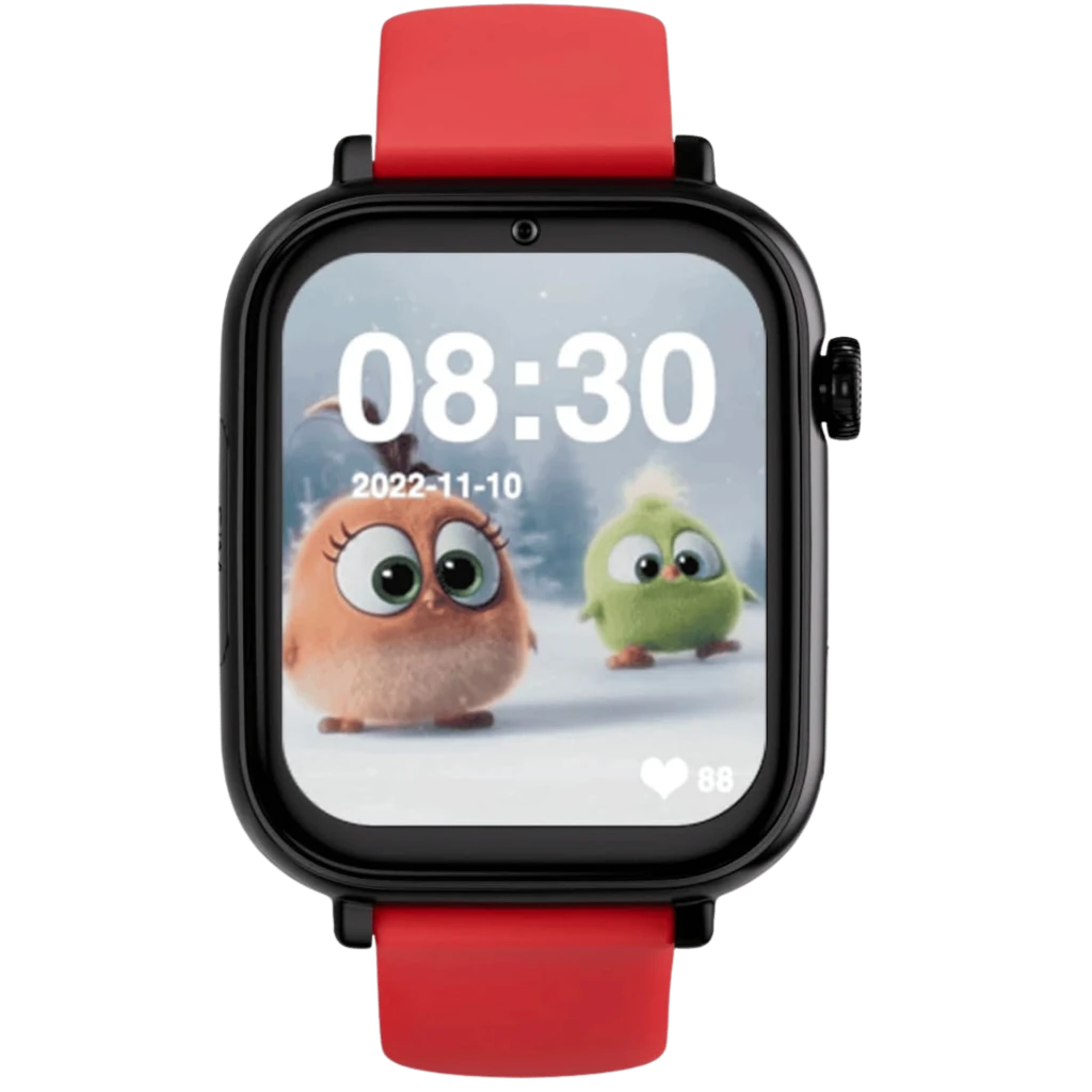 Reloj infantil negro con correa de silicona roja, pantalla táctil color con cohete, botón lateral SOS, cámara frontal y diseño resistente - Ítem4