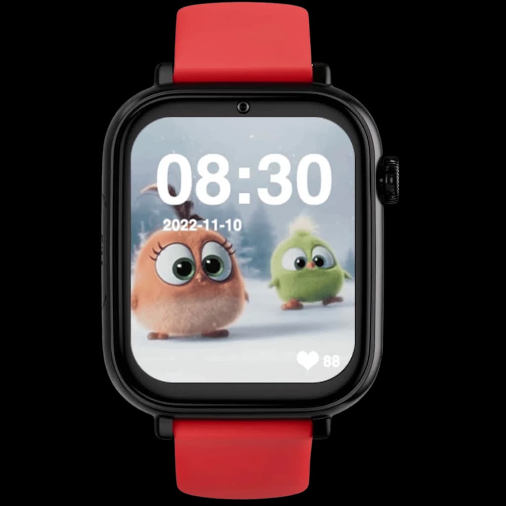 Relógio SaveFamily SaveWatch Plus Preto com pulseira de silicone vermelha, tela retangular colorida, mostrador infantil, botão SOS lateral e videochamada