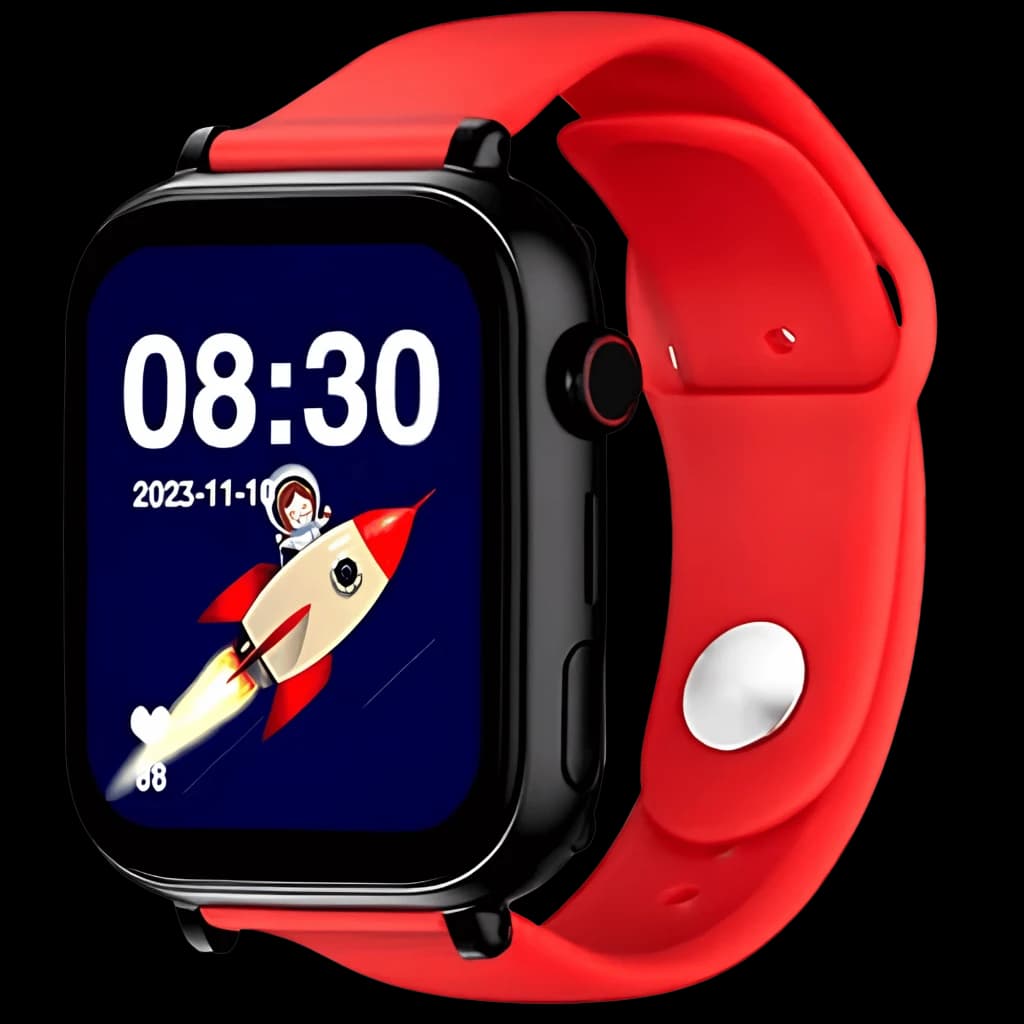 SaveFamily SaveWatch Plus Preto com pulseira de silicone vermelha, tela retangular colorida com mostrador de foguete, botão SOS lateral e vídeo chamada