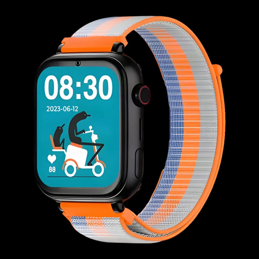 Relógio SaveFamily SaveWatch Plus preto com botão SOS e videochamada, pulseira em tecido Acid Orange listrada, ecrã retangular colorido com mostrador