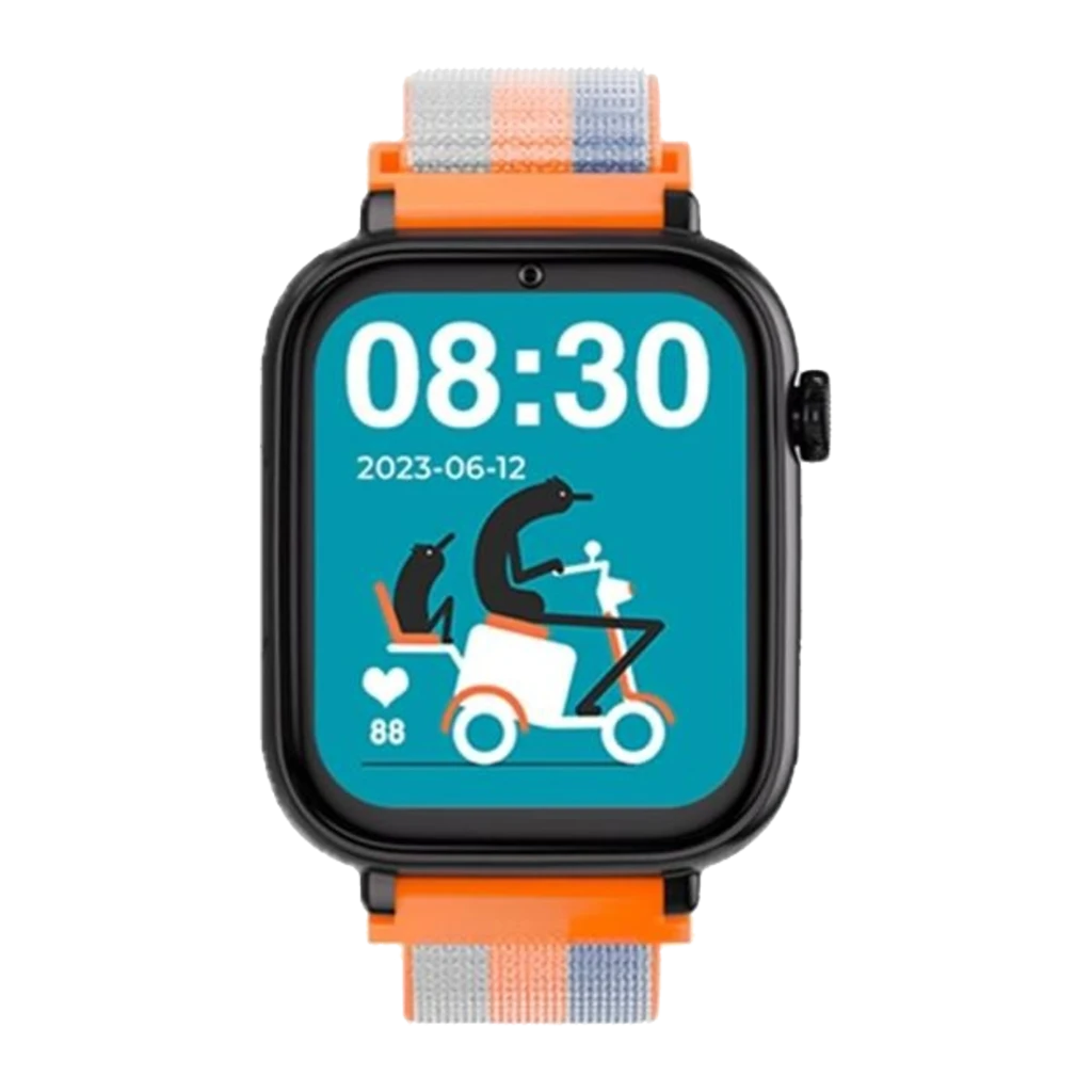 SaveFamily SaveWatch Plus Noir avec bracelet tissu Acid Orange, écran carré couleur, bouton SOS latéral rouge, cadran ludique, suivi cardiaque et appel - Ítem1
