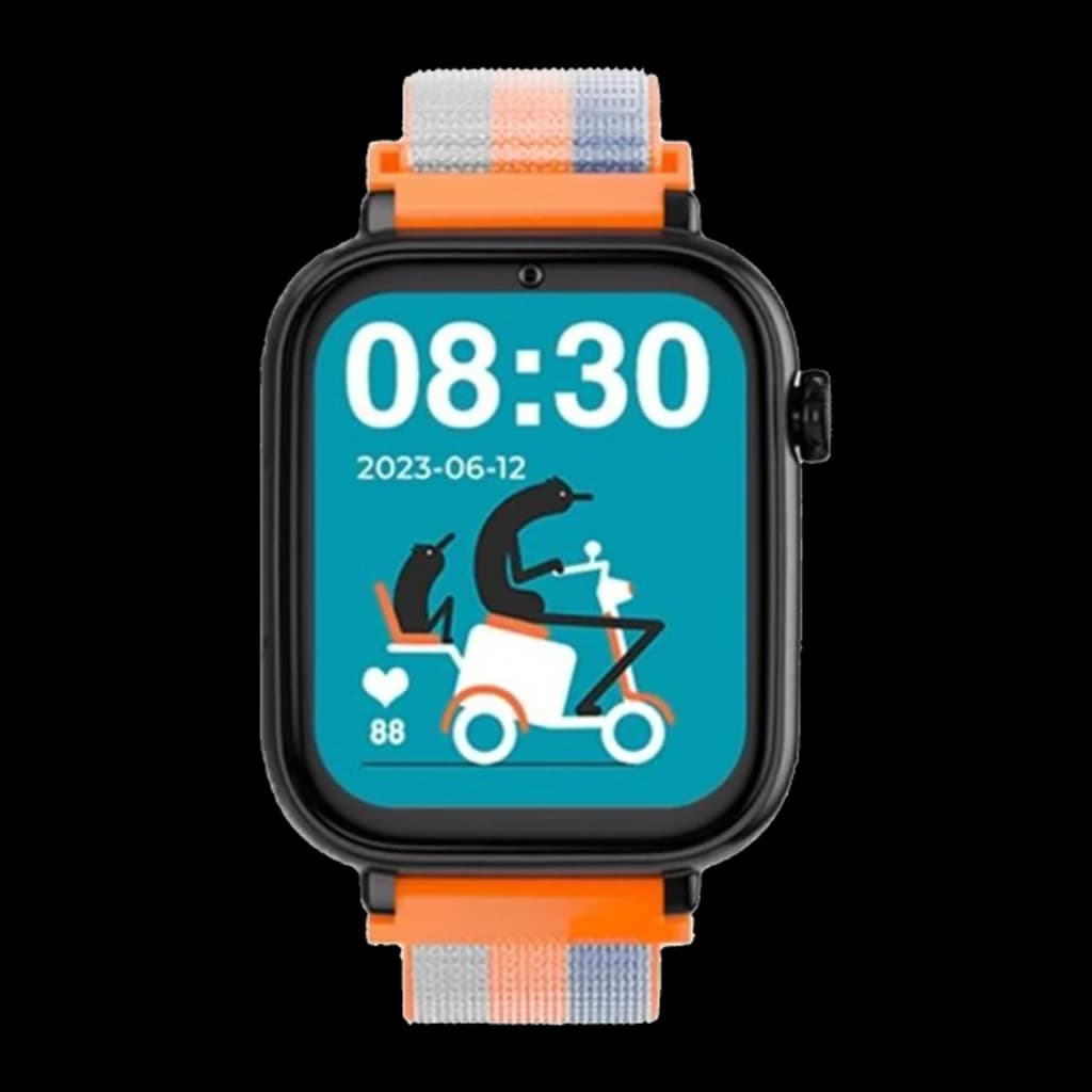 Relógio infantil SaveFamily SaveWatch Plus preto com pulseira de tecido Acid Orange listrada, tela colorida grande, botão SOS lateral e videochamada.