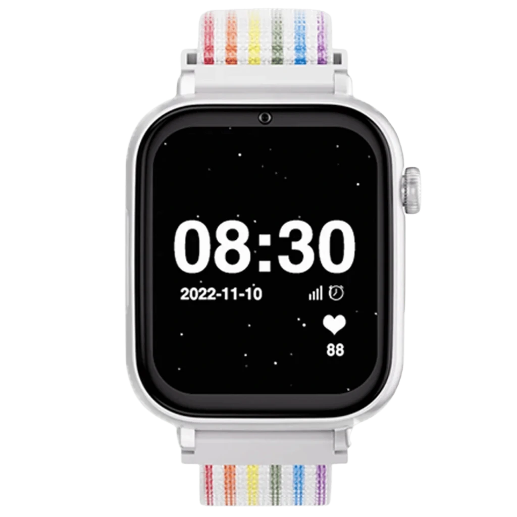 Reloj infantil SaveFamily SaveWatch Plus 2 blanco con correa de tela arcoíris, pantalla táctil negra, botón lateral rojo, compatible 4G y función SOS - Ítem3