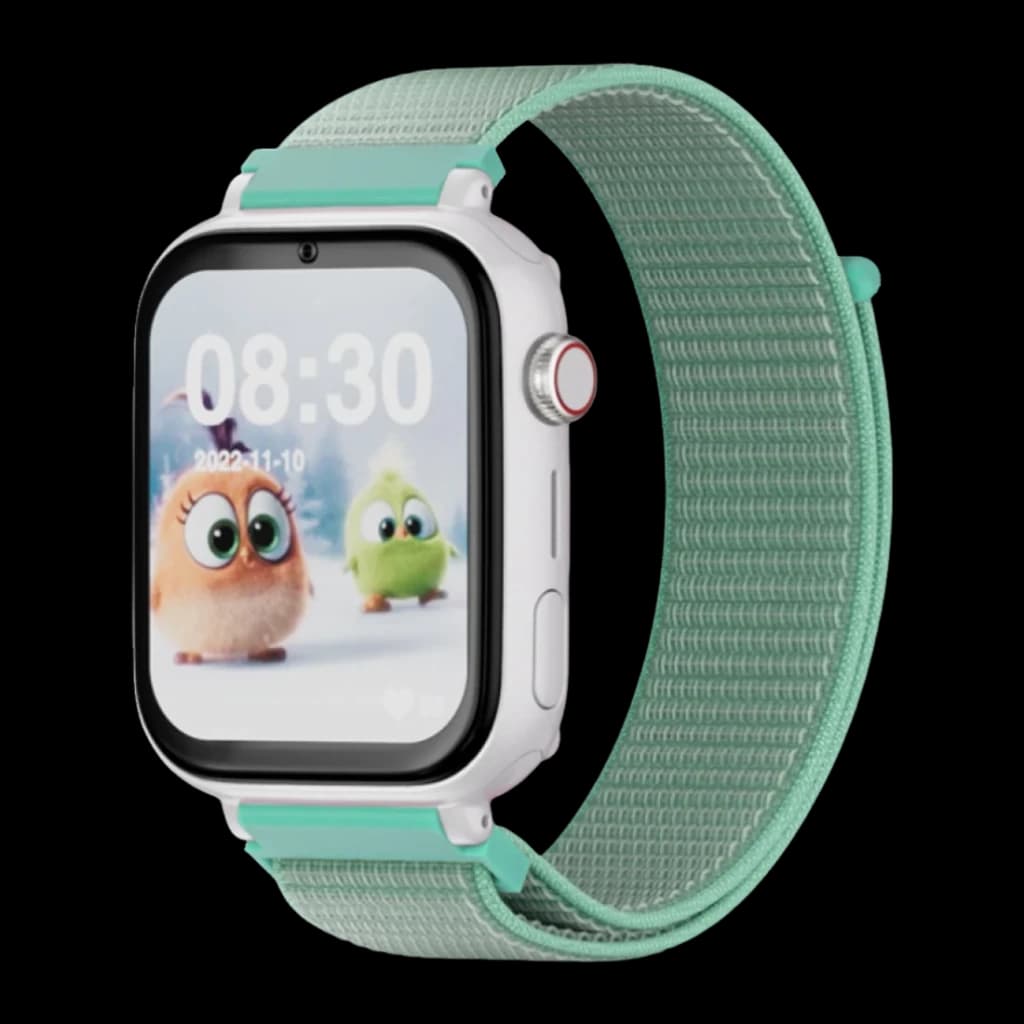 SaveFamily SaveWatch Plus 1 4G Verde Chamadas SOS Videochamada GPS IP67, vista frontal em ângulo: ecrã com hora e fundo