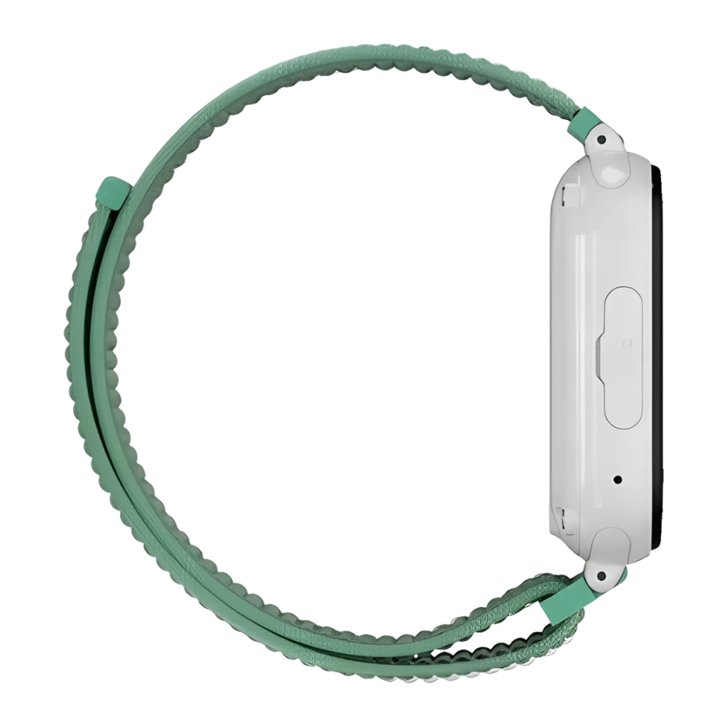 SaveFamily SaveWatch Plus 1 4G Verde Chamadas SOS Videochamada GPS IP67, lateral: caixa branca com botão SOS e bracelete