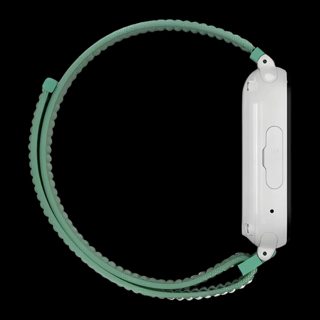 SaveFamily SaveWatch Plus 1 4G Verde Chamadas SOS Videochamada GPS IP67, lateral: caixa branca com botão SOS e bracelete