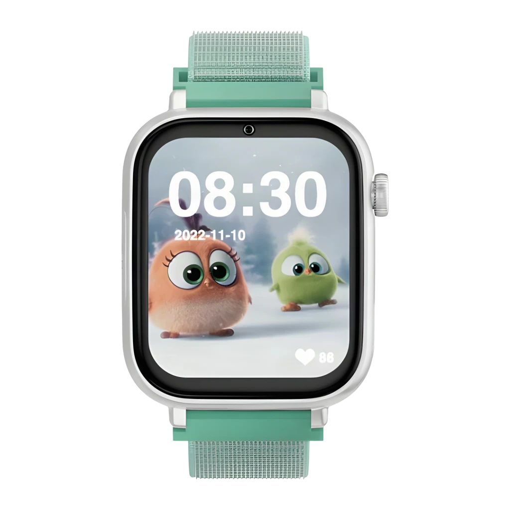 SaveFamily SaveWatch Plus 1 4G Verde Chamadas SOS Videochamada GPS IP67, vista frontal: mostrador infantil animado com hora