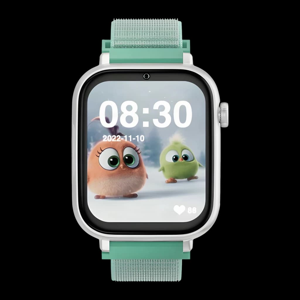 SaveFamily SaveWatch Plus 1 4G Verde Chamadas SOS Videochamada GPS IP67, vista frontal: mostrador infantil animado com hora