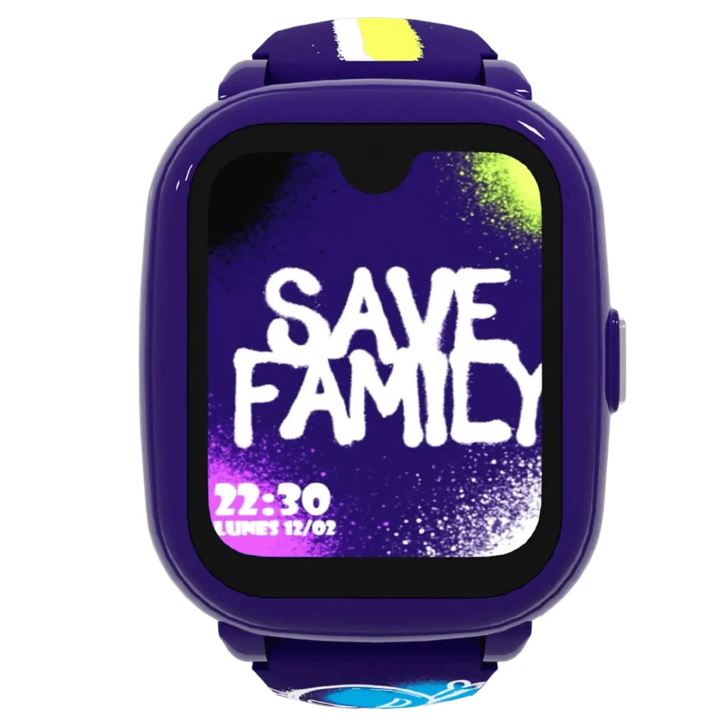 Reloj infantil morado con correa doble ajustable, pantalla a color con diseño graffiti SaveFamily, botón lateral, bordes robustos y estilo urbano llamativo - Ítem6