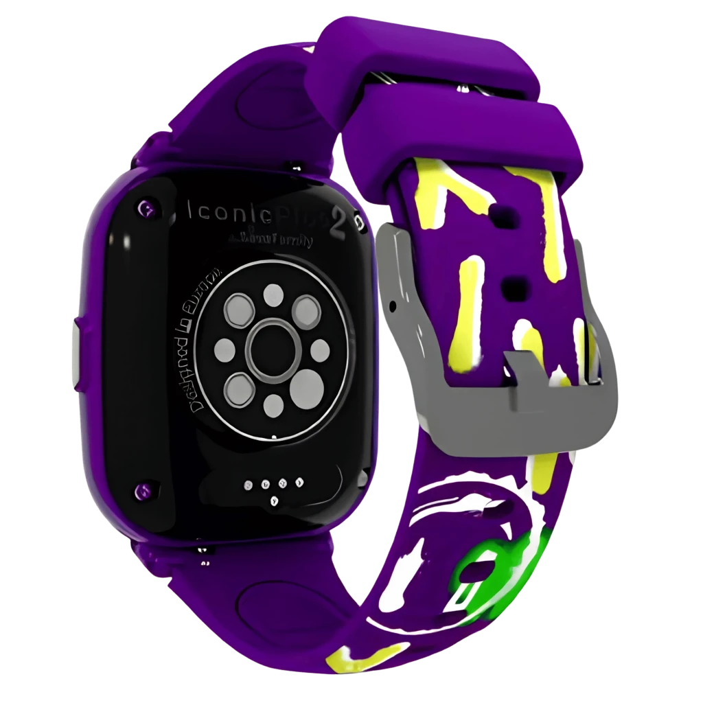Reloj infantil morado con correa doble ajustable, pantalla a color con diseño graffiti SaveFamily, botón lateral, bordes robustos y estilo urbano llamativo - Ítem4