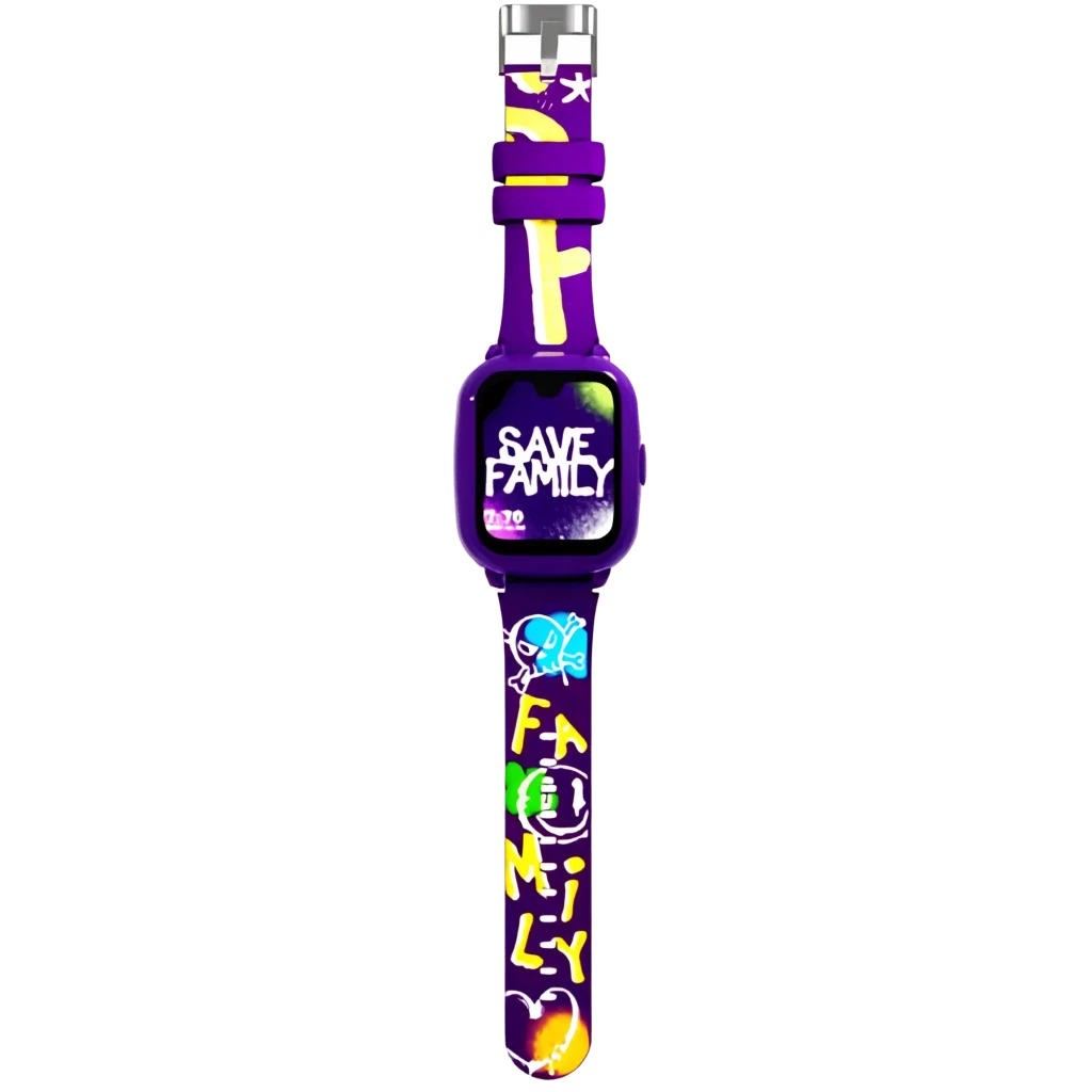 Reloj infantil morado con correa doble ajustable, pantalla a color con diseño graffiti SaveFamily, botón lateral, bordes robustos y estilo urbano llamativo - Ítem3