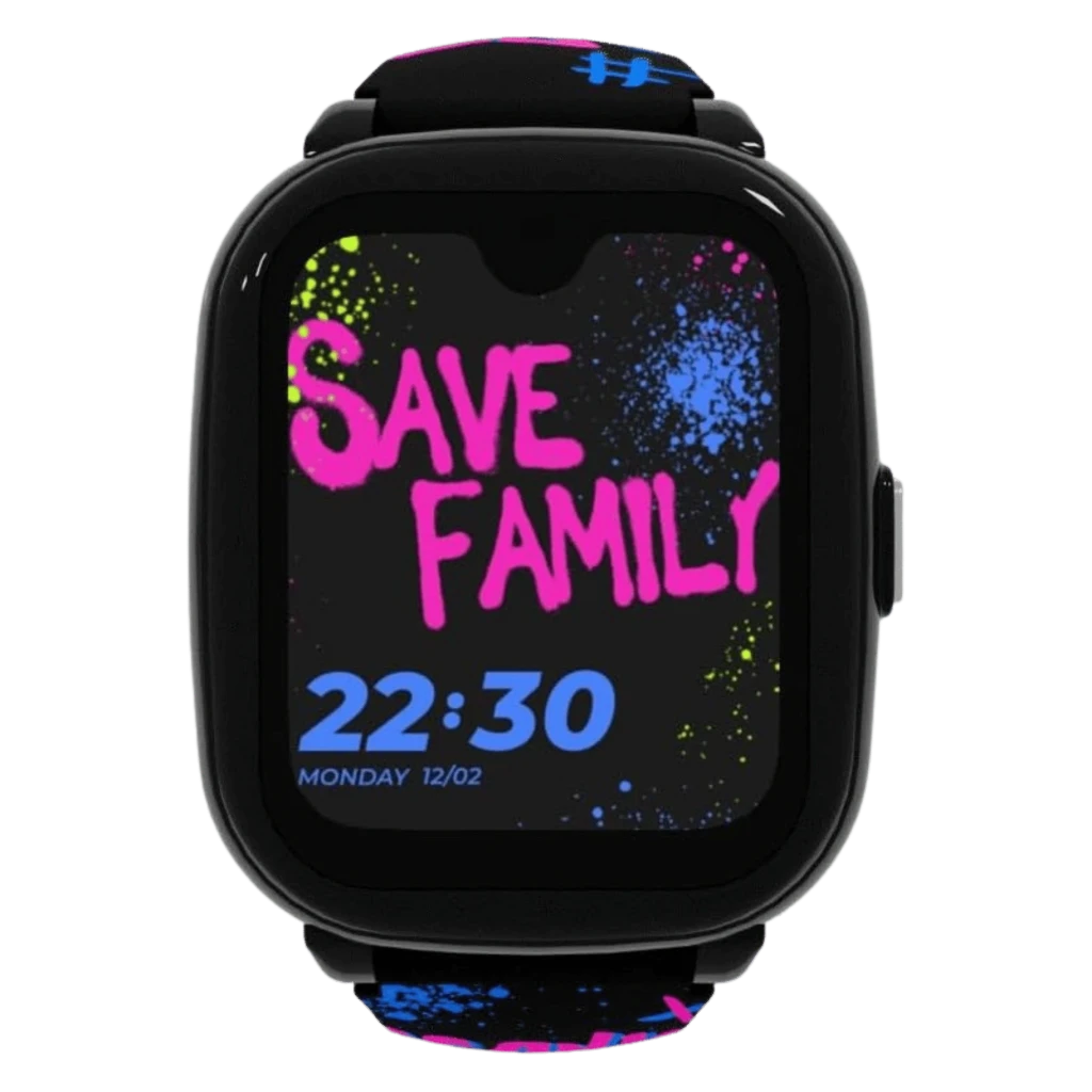 Reloj infantil SaveFamily Iconic Plus 2 con correa estampada Street Style, pantalla táctil negra, botón lateral plateado, hora 22:30 y detalles neón - Ítem3