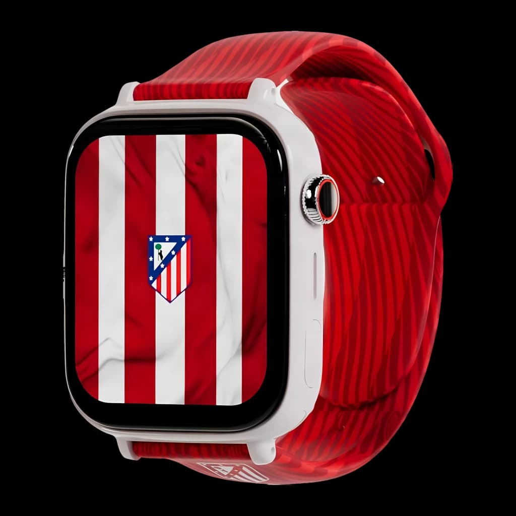 Relógio SaveFamily SaveWatch Plus Ed. Atlético de Madrid com bracelete de silicone vermelho, mostrador listrado em branco e vermelho e botão SOS