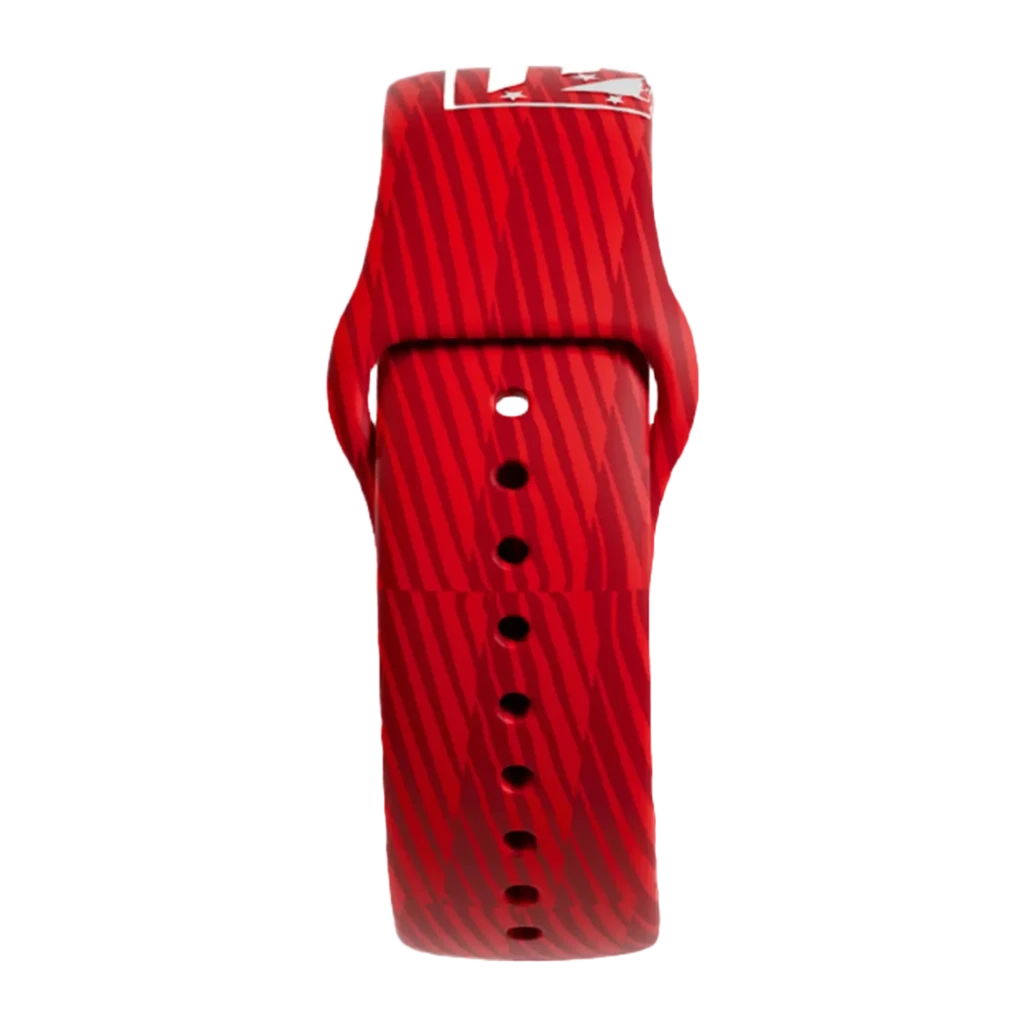 Smartwatch SaveWatch Plus Atlético de Madrid con correa de silicona roja texturizada, carcasa blanca, pantalla con franjas rojiblancas y botón SOS lateral - Ítem1