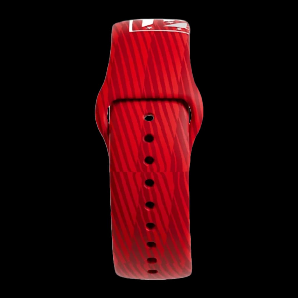 Bracelete em silicone vermelho com padrão listrado, ajuste por furos e fivela robusta. Compatível com SaveFamily SaveWatch Plus Ed. Atlético de Madrid,