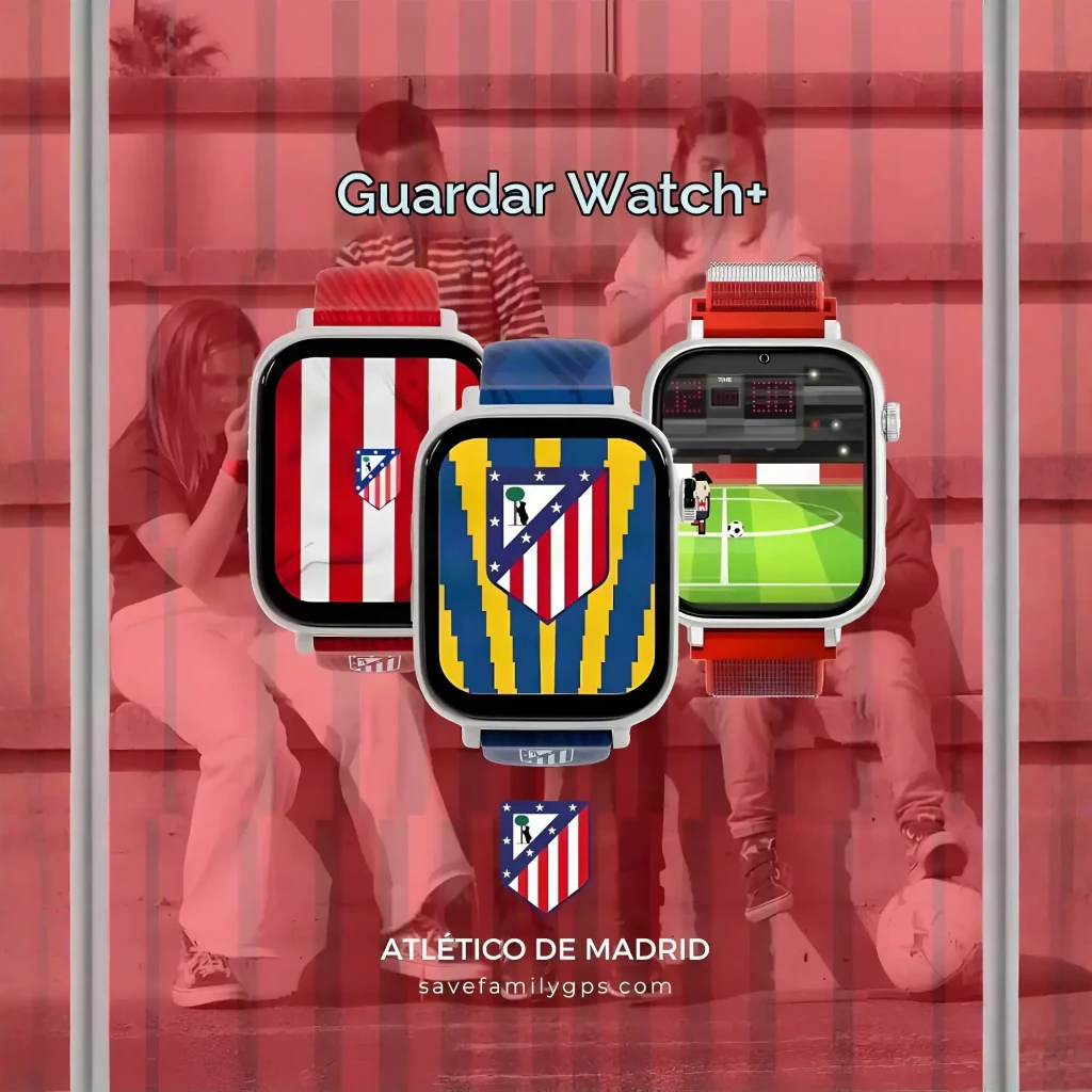 Smartwatch SaveWatch Plus Atlético de Madrid con correa de silicona roja texturizada, carcasa blanca, pantalla con franjas rojiblancas y botón SOS lateral - Ítem3