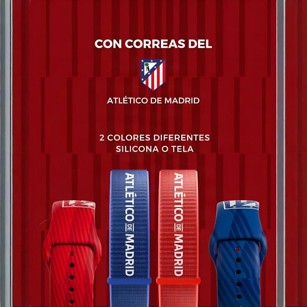 Smartwatch SaveWatch Plus Atlético de Madrid con correa de silicona roja texturizada, carcasa blanca, pantalla con franjas rojiblancas y botón SOS lateral - Ítem2