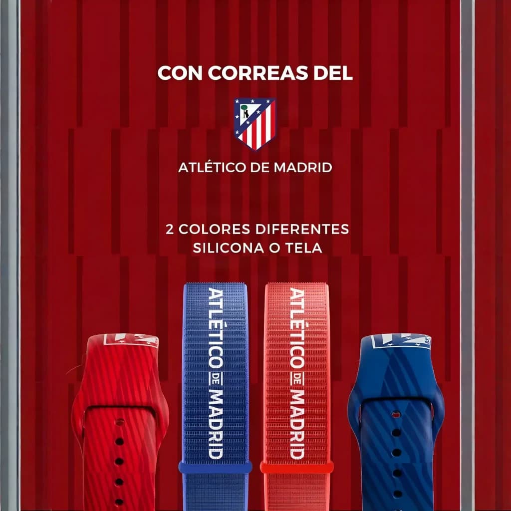 SaveFamily SaveWatch Plus Ed. Atlético de Madrid com bracelete de silicone vermelho, botão SOS, design esportivo com logotipo e padrão do clube
