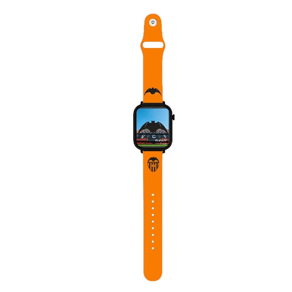 Smartwatch SaveFamily SaveWatch Plus Ed. Valencia con correa de silicona naranja, pantalla rectangular negra y botón SOS lateral. Escudo del Valencia CF. - Ítem1