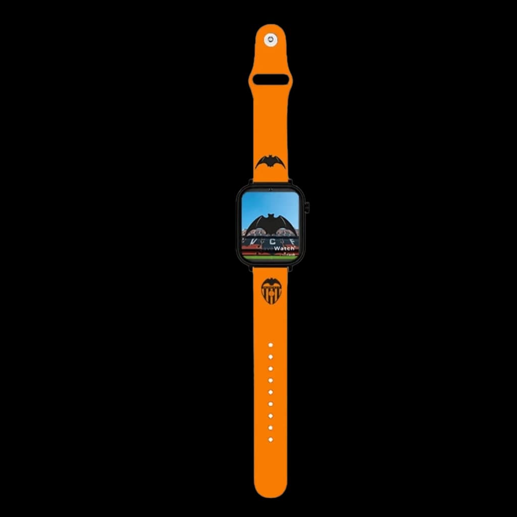 SaveFamily SaveWatch Plus Ed. Valencia com bracelete de silicone laranja, mostrador retangular, tela colorida e botão SOS destacado
