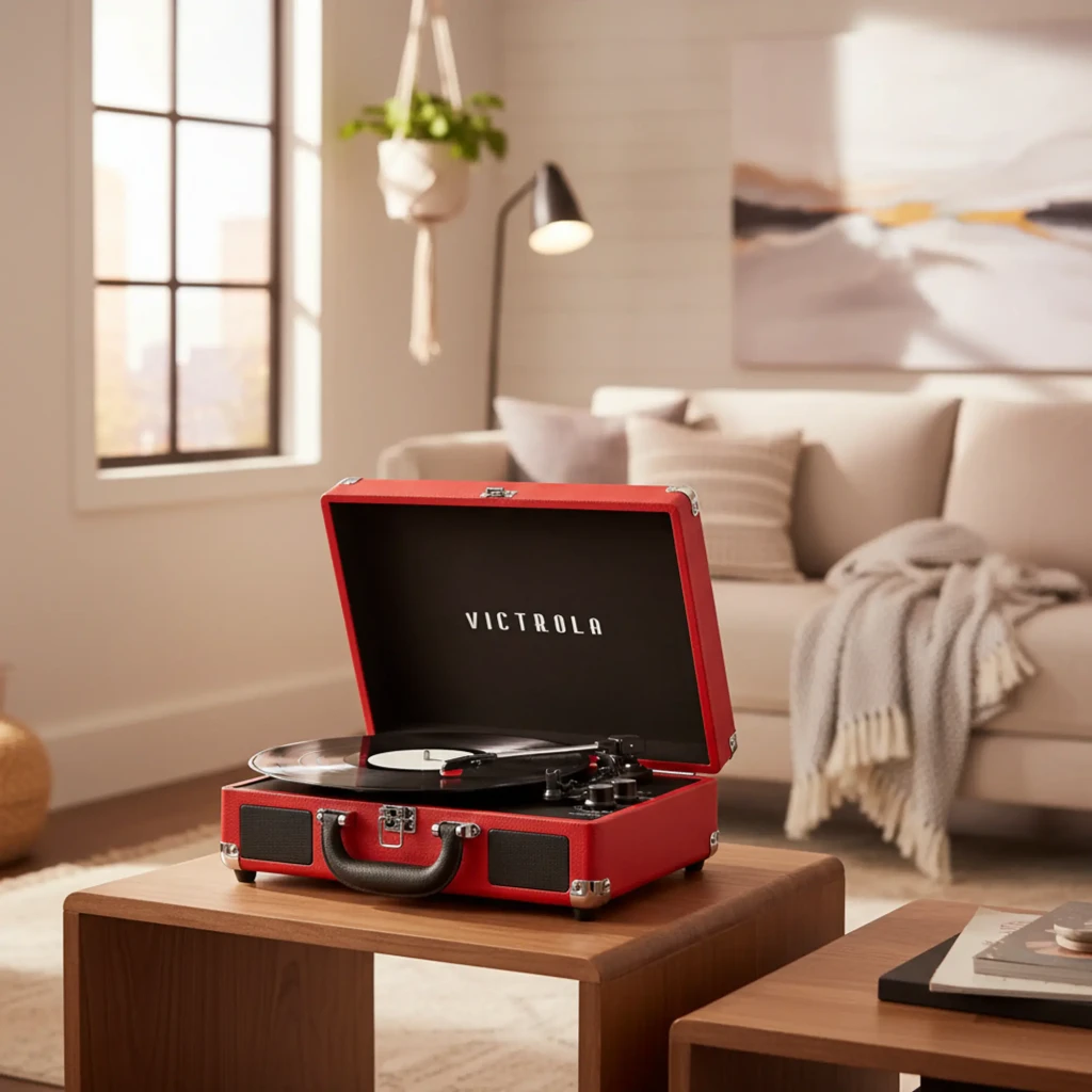 Tocadiscos Victrola Journey VSC-550BT tipo maleta en color rojo, con tapa abatible, plato con vinilo, brazo fonocaptor y altavoces frontales integrados - Ítem1