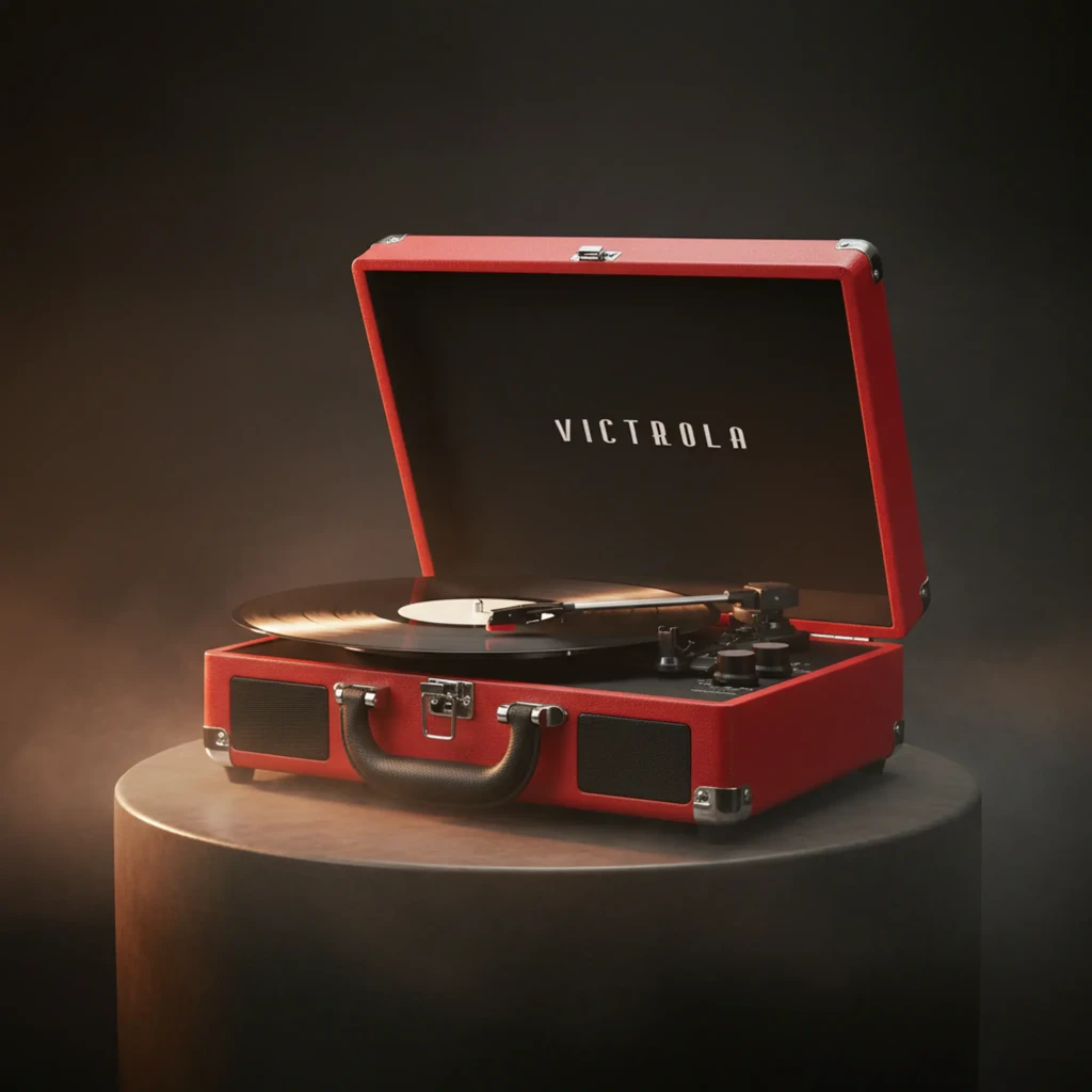 Tocadiscos Victrola Journey VSC-550BT tipo maleta en color rojo, con tapa abatible, plato con vinilo, brazo fonocaptor y altavoces frontales integrados - Ítem2