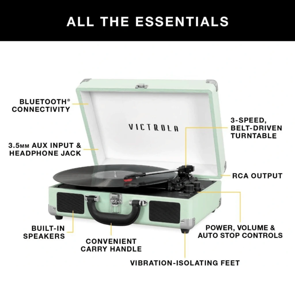 Tocadiscos Victrola Journey VSC-550BT tipo maleta color turquesa, tapa abatible blanca, plato con vinilo, asa negra y altavoces frontales integrados - Ítem4