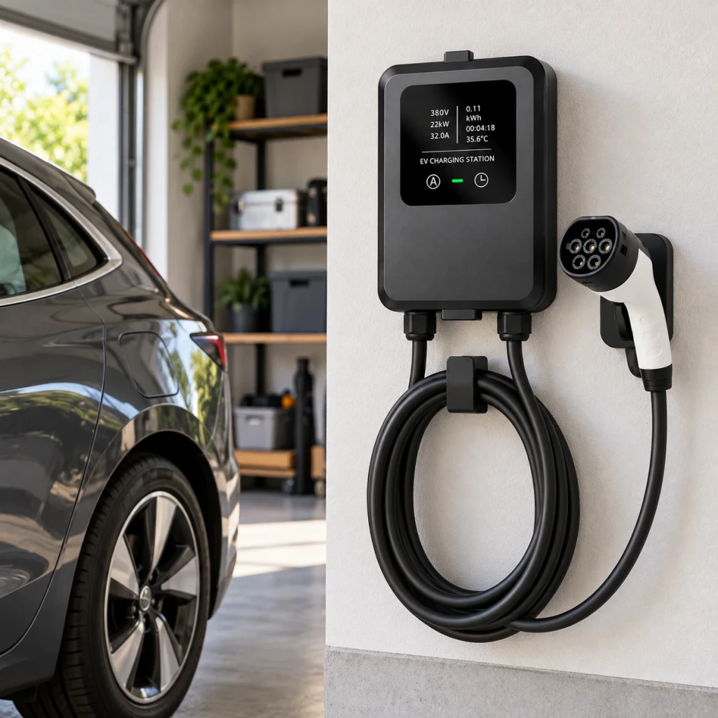 Carregador EV Tipo 2 32A 7.0kW Monofásico 5M LCD, instalado em garagem: ecrã LCD ativo, cabo enrolado e conector Tipo 2