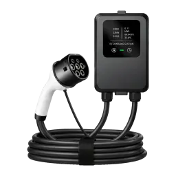OEM Carregador EV Tipo 2 32A 7.0kW Monofásico 5M LCD, vista principal: caixa preta com ecrã LCD ativo, conector Tipo 2