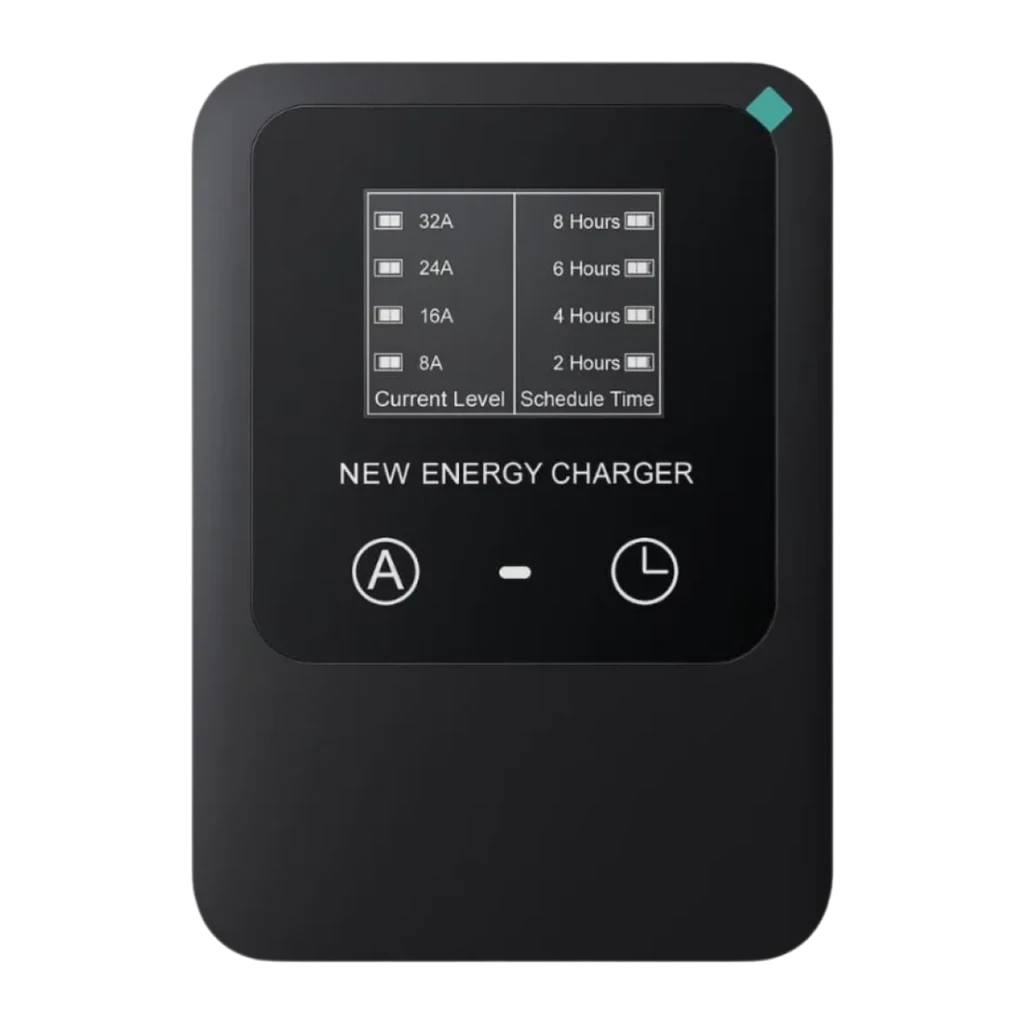 Carregador EV Tipo 2 32A 7.0kW Monofásico 10M com Ecrã LCD, vista frontal: ecrã LCD com níveis de corrente