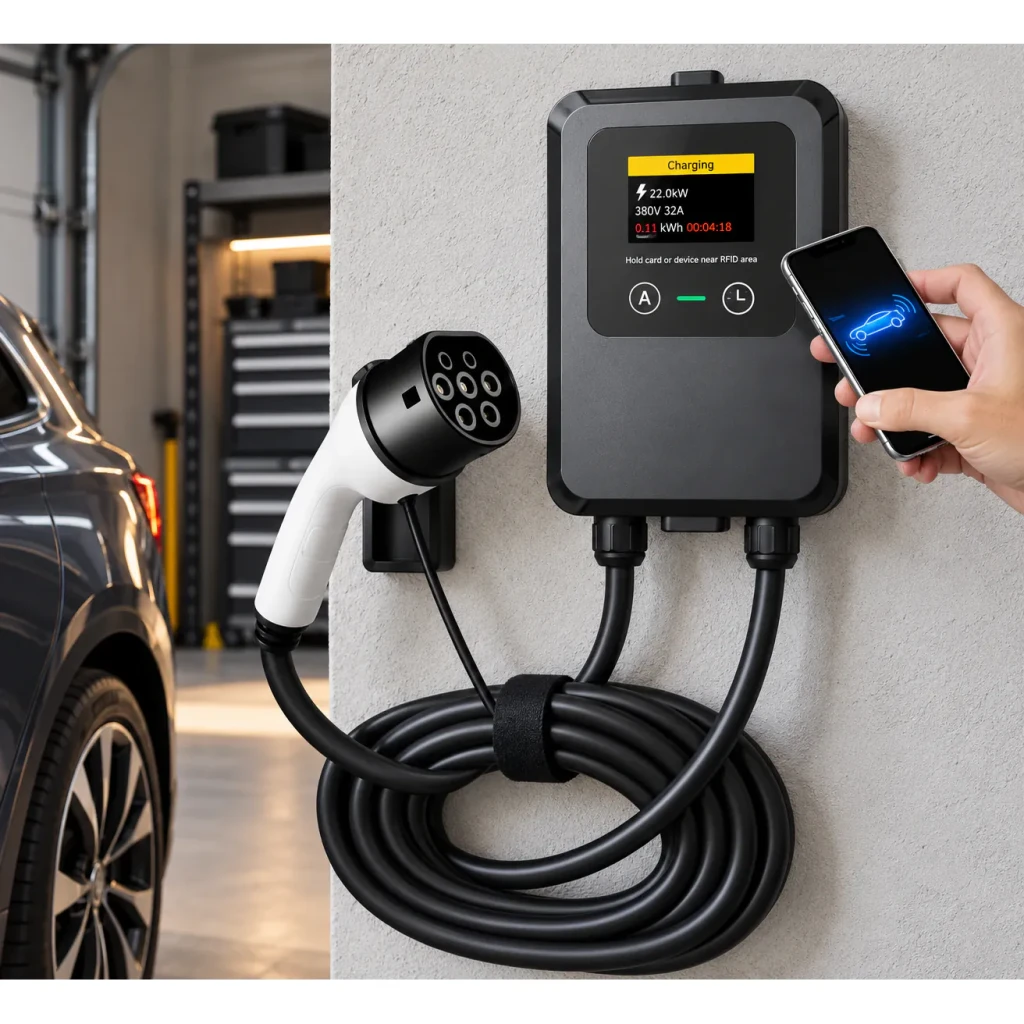 Carregador Carro Elétrico  32A 7.0KW Monofásico 10M Ecrã LCD NFC Tipo 2, vista em uso: montado na parede com ecrã