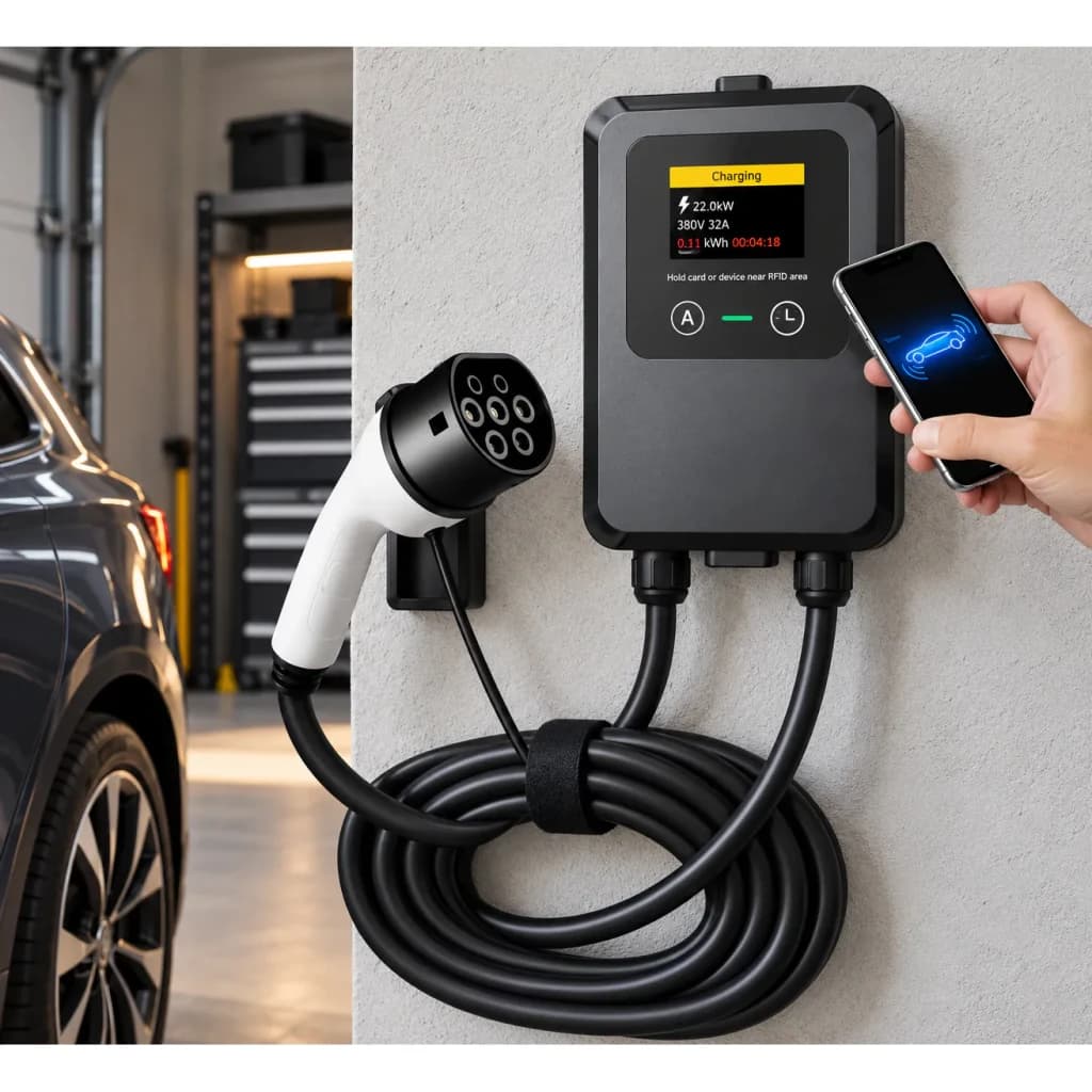 Carregador Carro Elétrico Desconocida 32A 7.0KW Monofásico 10M Ecrã LCD NFC Tipo 2 - montado na parede com ecrã