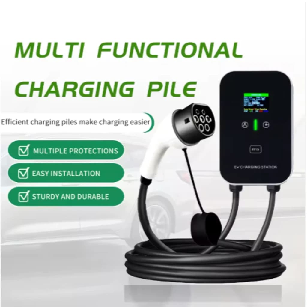 Carregador Carro Elétrico 32A Trifásico Sem Ficha 10M LCD Tipo 2 22kW - caixa preta com ecrã LCD, conector Tipo 2 e cabo