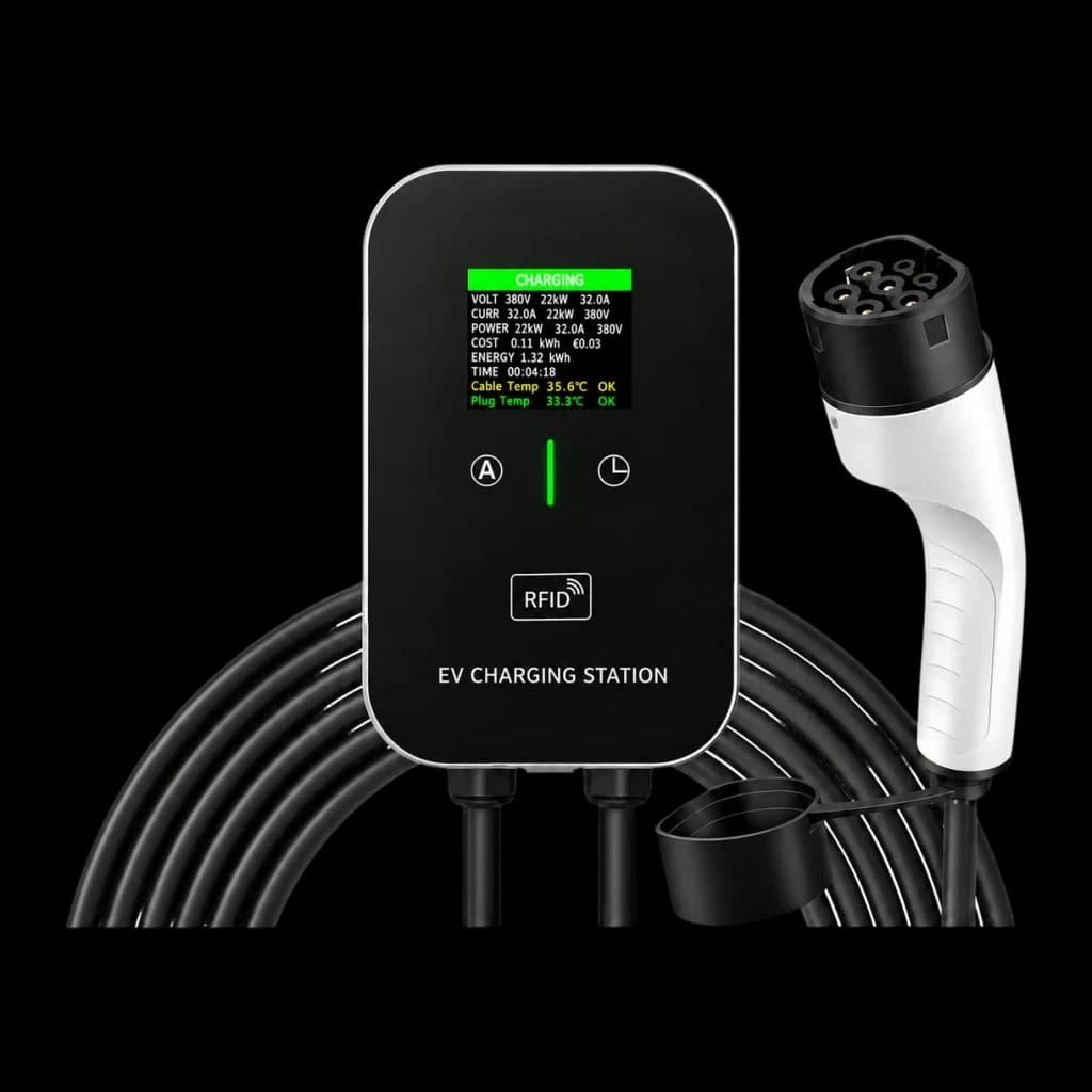 Estação de carregamento EV Tipo 2 32A 22kW preto, frontal: ecrã LCD ativo, leitor RFID, conector Tipo 2 e cabo 10M