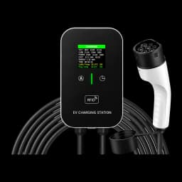 Estação de carregamento EV Tipo 2 32A 22kW preto, frontal: ecrã LCD ativo, leitor RFID, conector Tipo 2 e cabo 10M