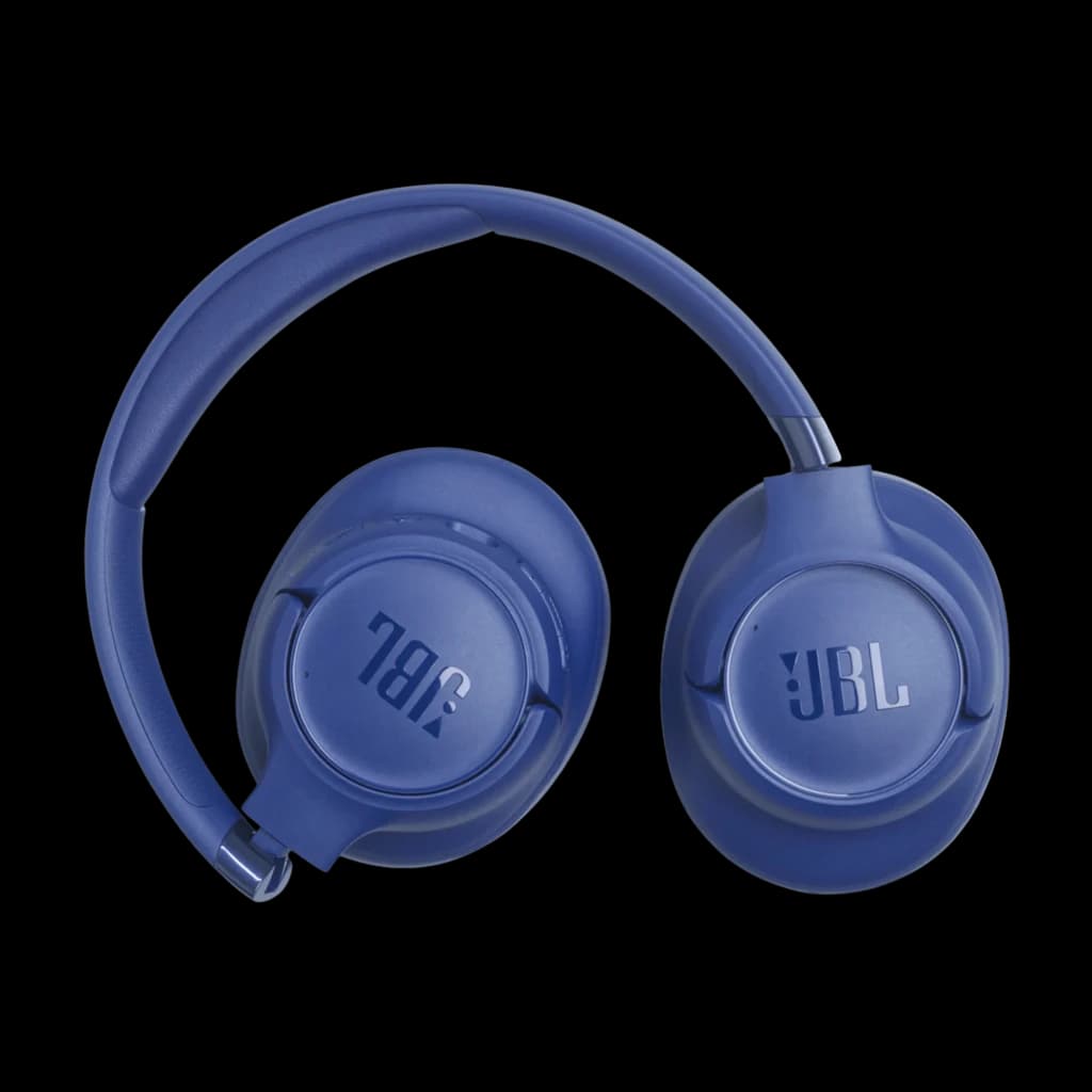 JBL Tune 780NC Azul com earcups ovais almofadados, logotipo JBL em relevo e arco dobrável; acabamento fosco elegante e design over-ear compacto