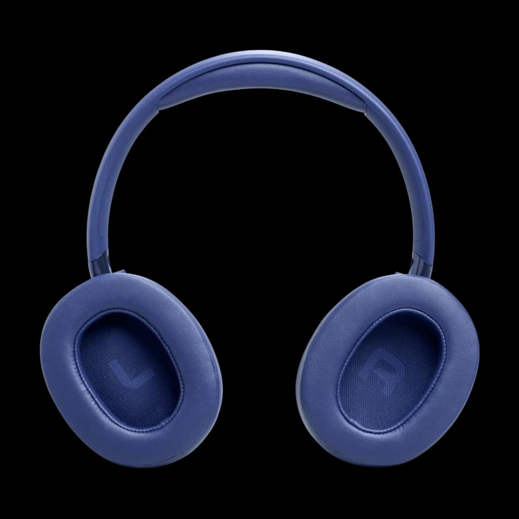 JBL Tune 780NC Azul com almofadas over-ear macias, arco ajustável e marcações L e R visíveis; design elegante em azul mate, dobra plana para transporte