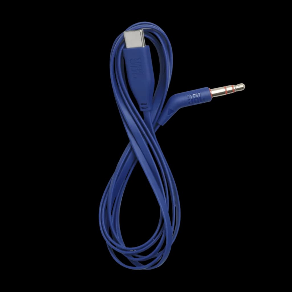 Cabo azul JBL com conector USB-C e ficha 3,5 mm, design flexível e ponta em ângulo para ligação estável aos auscultadores JBL Tune 780NC Azul