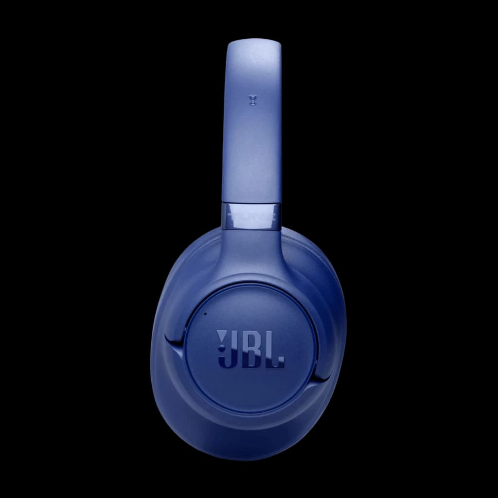 JBL Tune 780NC Azul com concha oval lisa e logotipo JBL em relevo, acabamento fosco, arco acolchoado e design over ear dobrável para conforto e mobilidade