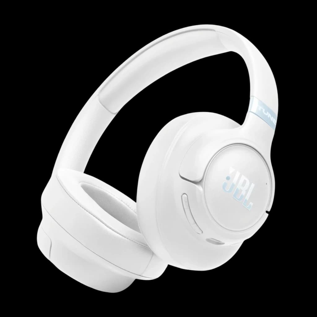 JBL Tune 780NC Branco com design over-ear elegante, acabamento mate, almofadas macias, botões laterais discretos e logótipo JBL prateado na concha direita