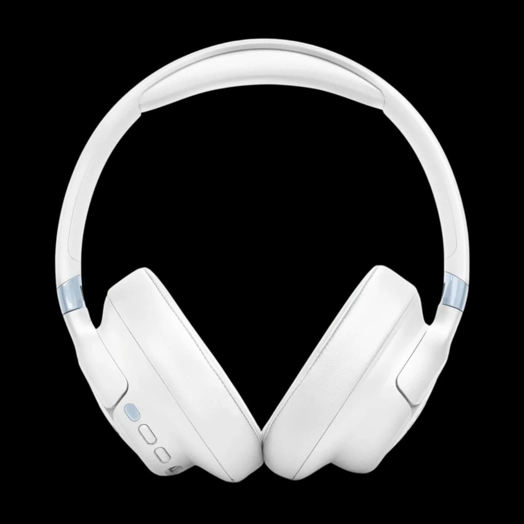 JBL Tune 780NC Branco com aro acolchoado, conchas over-ear brancas e botões laterais visíveis; design limpo e dobrável, detalhes translúcidos azuis