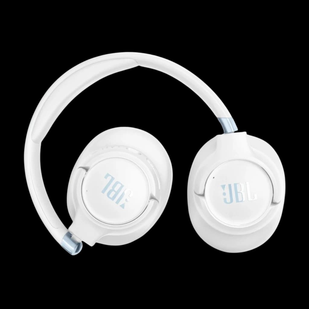 JBL Tune 780NC Branco com conchas circumaurais dobráveis, acabamento fosco, detalhes prateados e logotipo JBL em relevo; design leve e almofadado