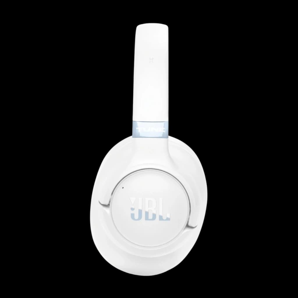 JBL Tune 780NC Branco visto de lado, concha oval lisa com logotipo JBL, haste acolchoada e dobradiça discreta; design over-ear minimalista e moderno