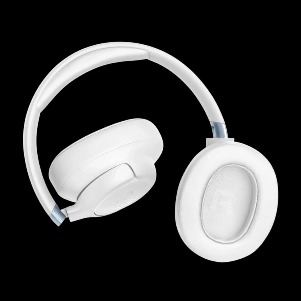 JBL Tune 780NC Branco com conchas ovais acolchoadas, arco ajustável e dobrável, acabamento mate, detalhes prateados e almofadas macias para conforto contínuo