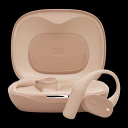 JBL Sense Lite Inalámbricos IP54 32 h Beige: estuche beige con logo JBL y audífonos tipo aro sobre la oreja, diseño ergonómico y compacto, acabado mate