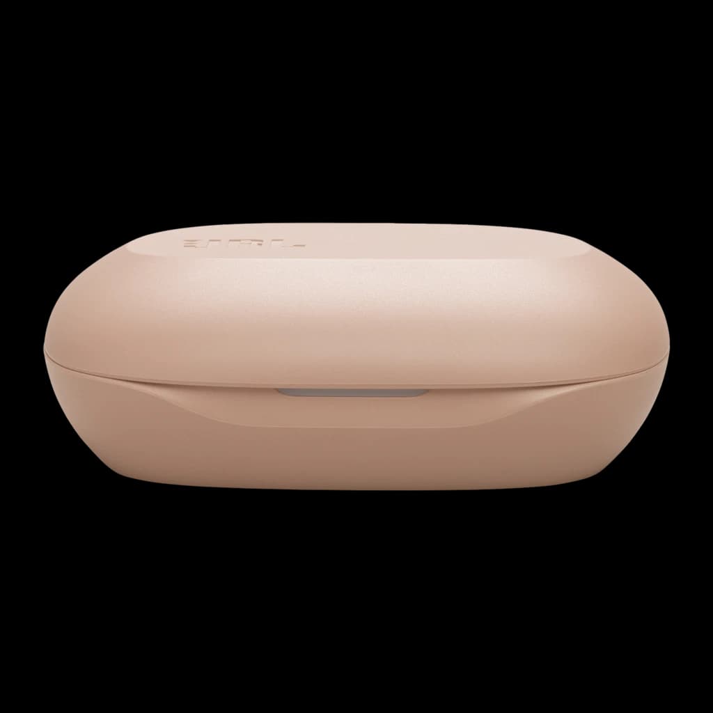 Estuche de carga beige compacto para JBL Sense Lite Inalámbricos, acabado mate, logo superior y bisagra frontal discreta, diseño resistente IP54 y portátil